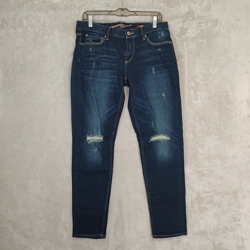 Arizona Jean Co. Distressed Boyfriend Jeans Size 9 Dark Wash Paint Splatter
